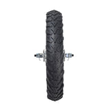 Front Wheel Assembly for Razor MX125 & SX125 Dirt Bikes featuring a black tire with metal studs, chrome-plated spoked rim, and visible axle. Ideal as a replacement for damaged wheels.