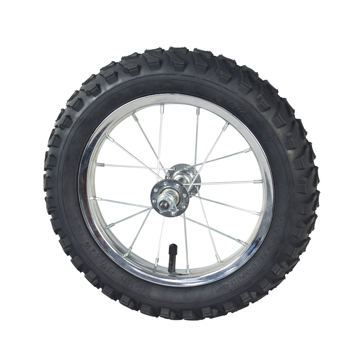 Front Wheel Assembly for Razor MX125 & SX125 Dirt Bikes, featuring a close-up of the chrome-plated spoked rim, axle, and 12-1/2x2-1/4 tire with inner tube.