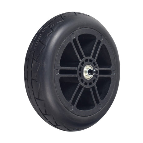 Front Wheel Assembly with Axle for the Viro Rides VR 550E Scooter, featuring a flat-free 6.89 polyurethane tire on a 6-spoke black plastic rim.