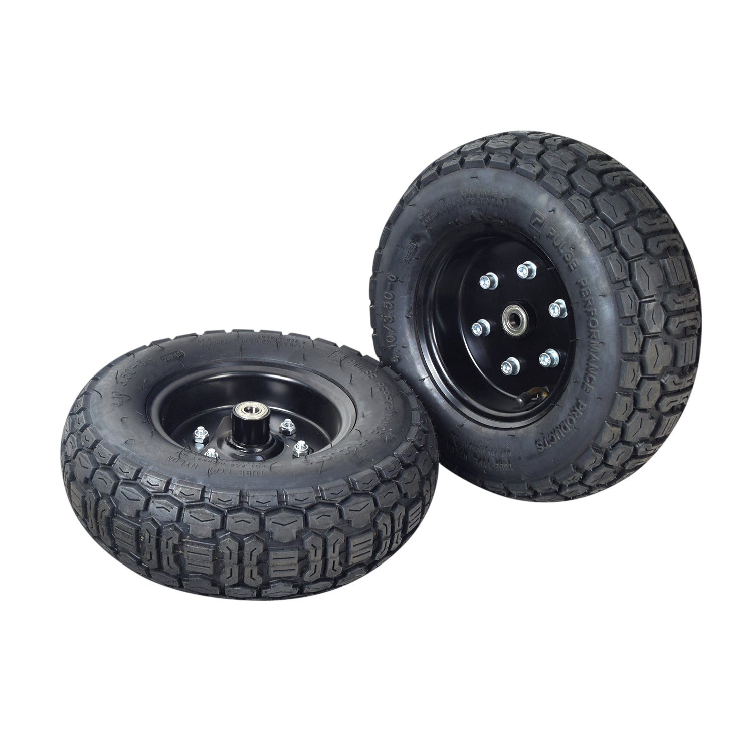 Front Wheel Assembly for the Pulse ATV Quad Ride-On featuring a pair of tires with a knobby tread, mounted on metal rims, including 6001Z bearings and an inner tube with an angled valve stem.