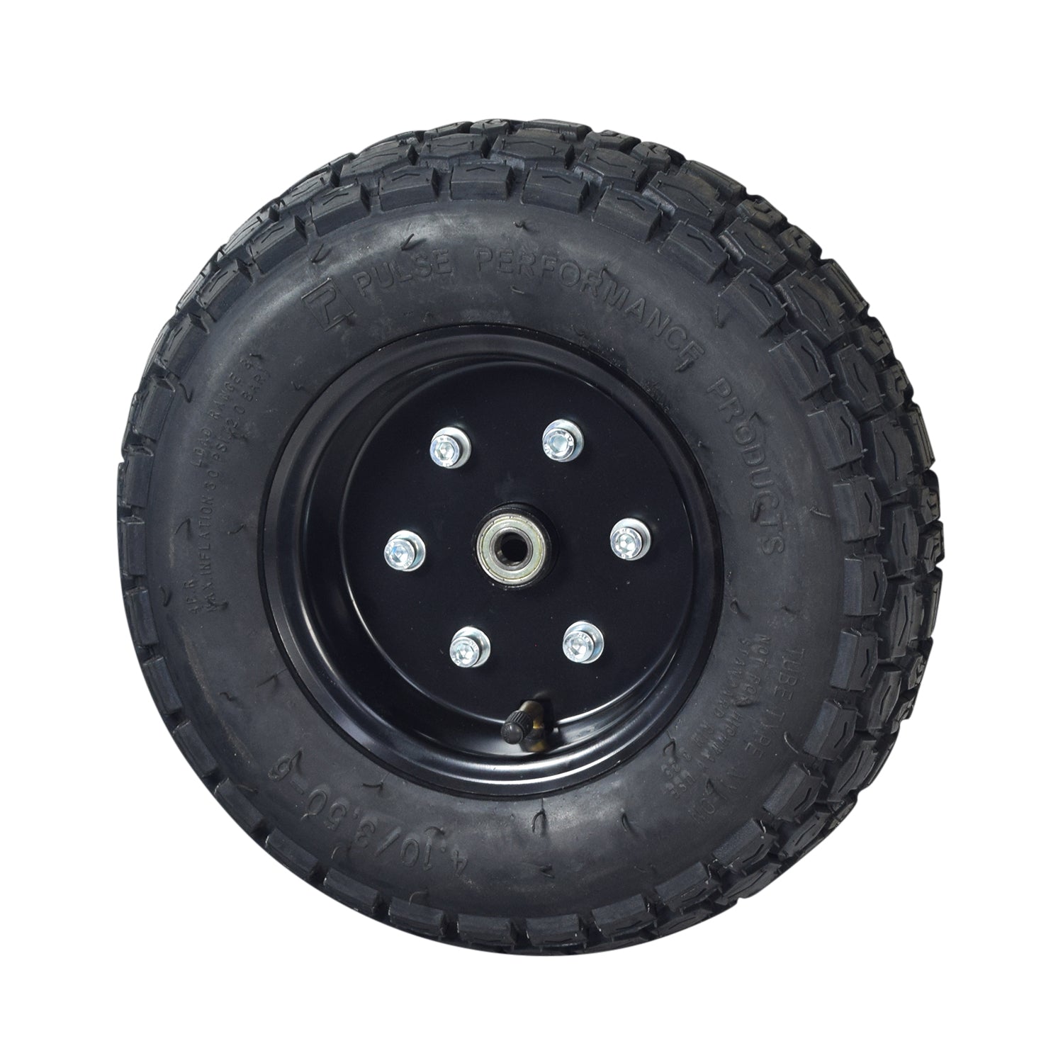 Front Wheel Assembly for the Pulse ATV Quad Ride-On featuring a black tire with a black rim, visible knobby tread, silver bolts, and an angled valve stem.