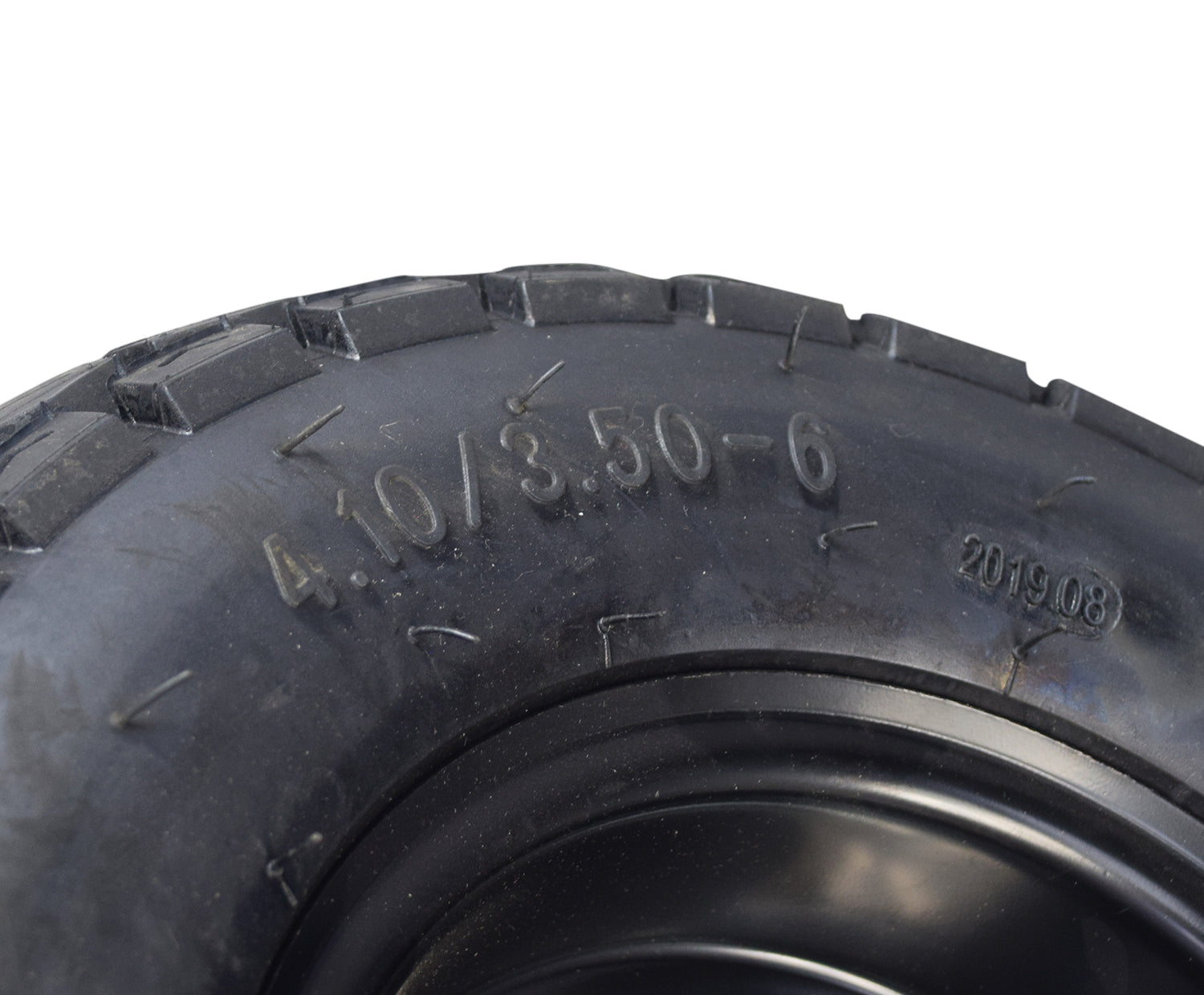 Close-up of the Front Wheel Assembly for the Pulse ATV Quad Ride-On, highlighting the knobby tread tire and visible outer rim structure.