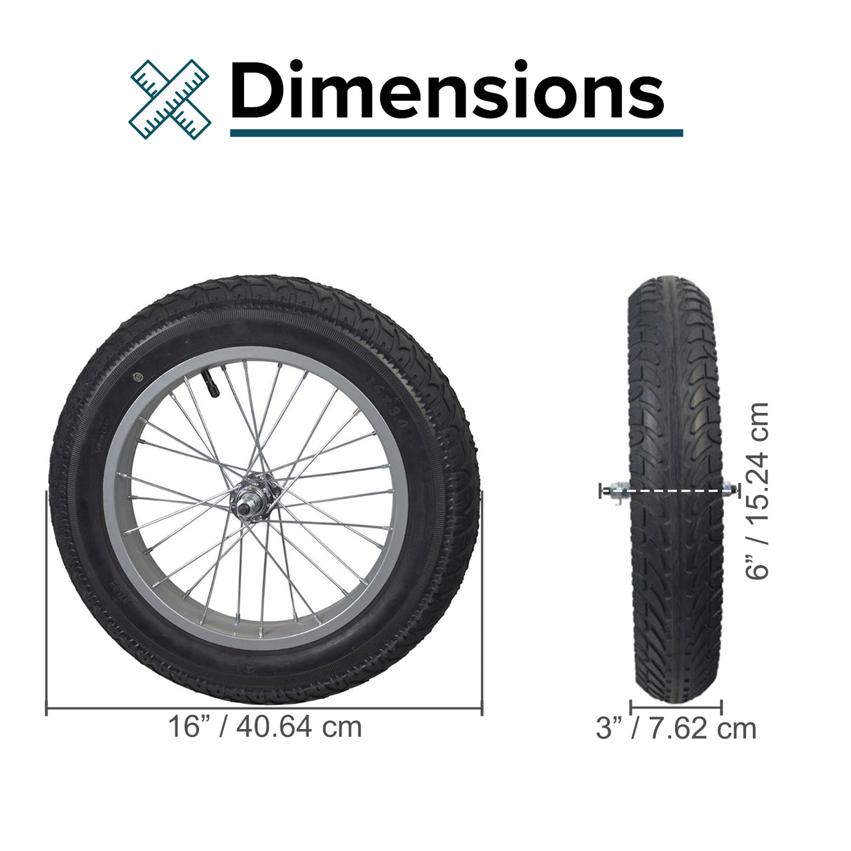 Front Wheel Assembly for the Razor Rambler 16 Electric Mini Bike (Version 1+), featuring a 28-spoke rim, 16x3.0 pneumatic tire, inner tube, axle, bearings, mounting nuts, and washers.