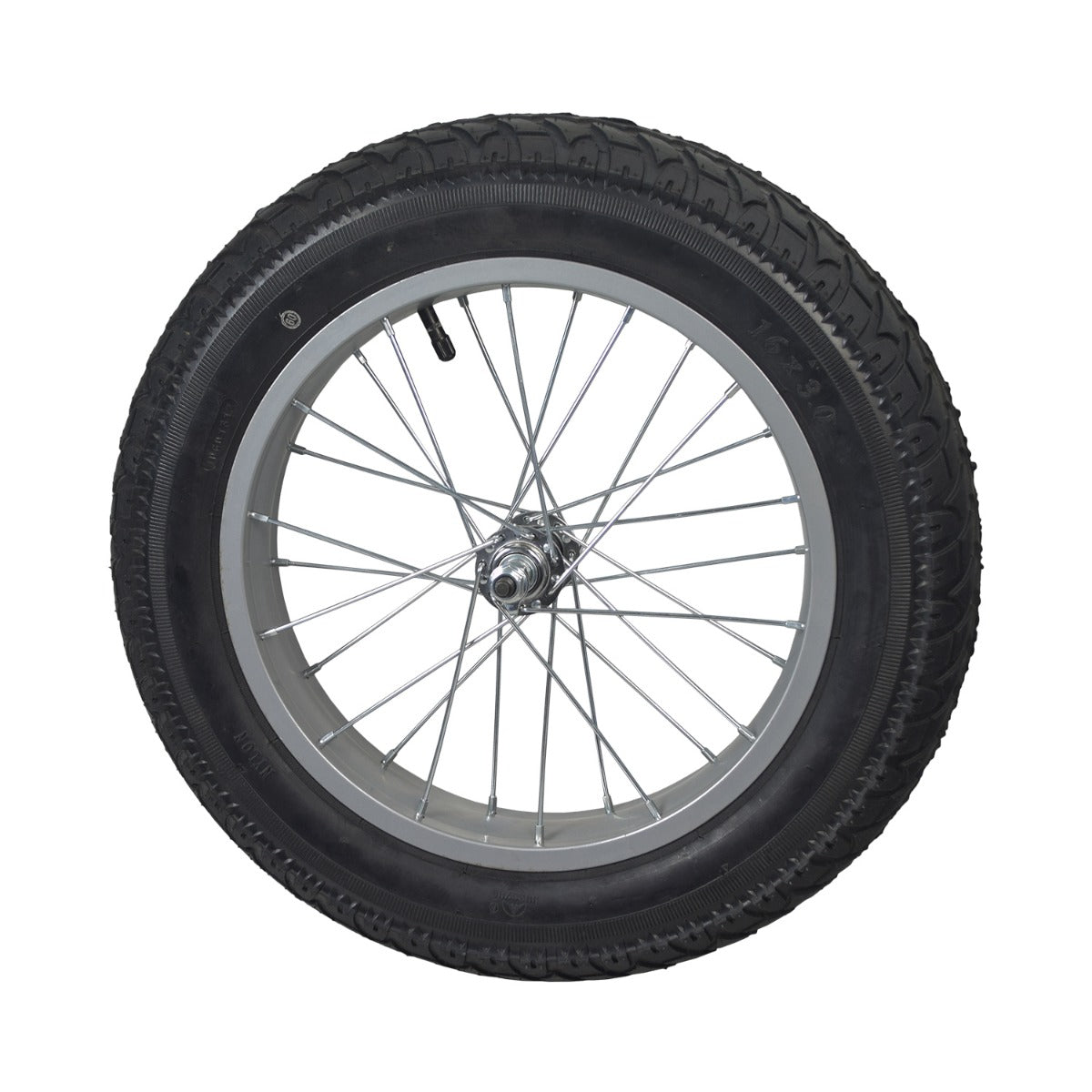 Front Wheel Assembly for the Razor Rambler 16 Electric Mini Bike (Version 1+) featuring a 28-spoke 12.5 rim, 16x3.0 pneumatic tire, axle, bearings, and mounting hardware.