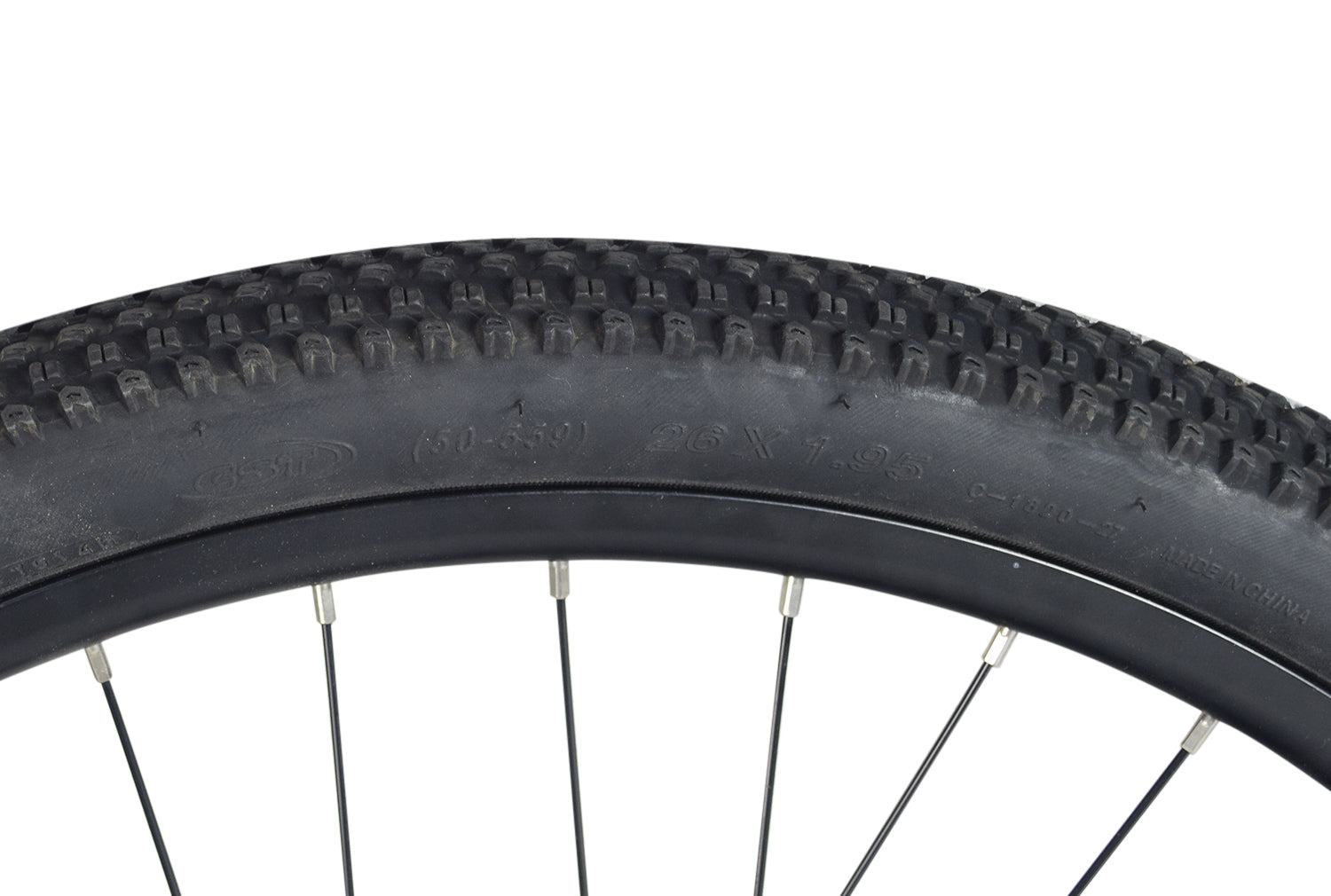 Front Wheel Assembly for the ANCHEER 26 350W Electric Mountain Bike, featuring a close-up of the black spoked 26 rim, 26x1.95 pneumatic tire, and disc brake hub attachments.