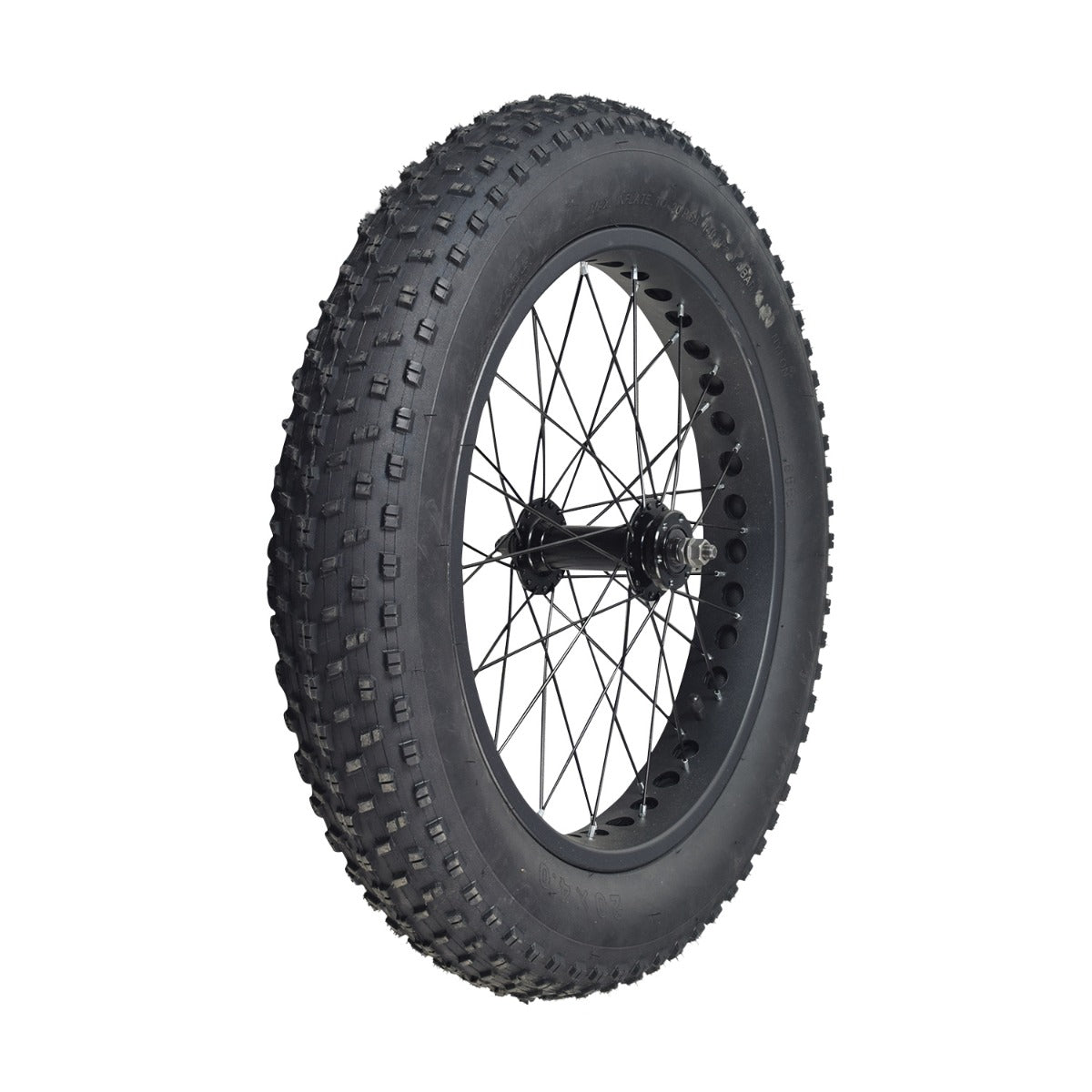 Front Wheel Assembly for the Swagtron EB6 Bandit Fat Tire Electric Bike, showcasing a 16-1/2 rim, 20x4.0 knobby tread tire, and black spokes in a close-up view.