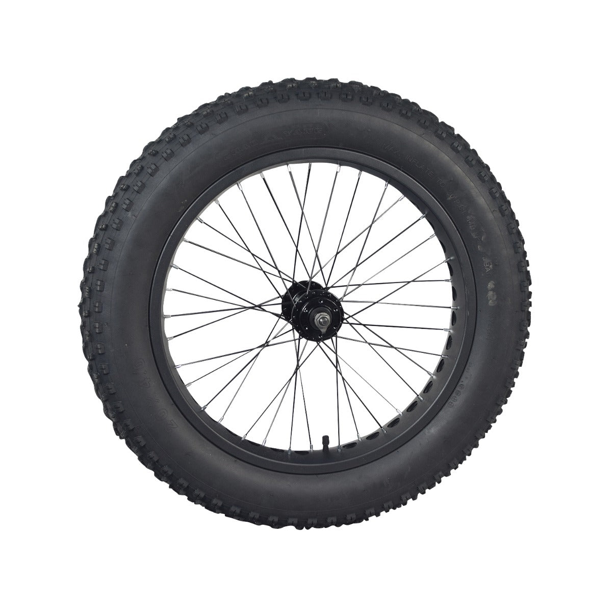 Front Wheel Assembly for the Swagtron EB6 Bandit Fat Tire Electric Bike, featuring a 16-1/2 rim, directional knobby tread, and spokes, fully assembled with a 20x4.0 tire and inner tube.