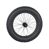 Front Wheel Assembly for the Swagtron EB6 Bandit Fat Tire Electric Bike, featuring a 16-1/2 rim, directional knobby tread, and spokes, fully assembled with a 20x4.0 tire and inner tube.