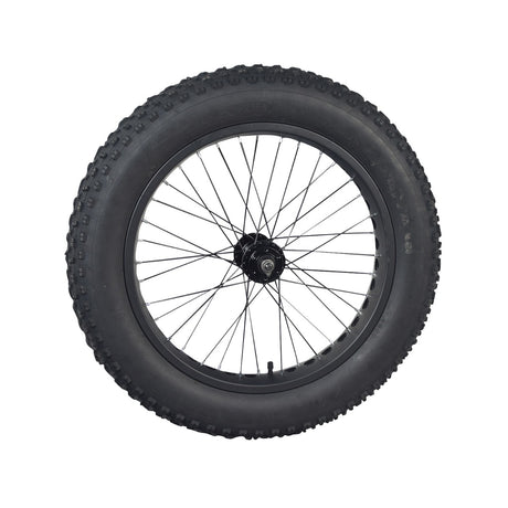 Front Wheel Assembly for the Swagtron EB6 Bandit Fat Tire Electric Bike, featuring a 16-1/2 rim, directional knobby tread, and spokes, fully assembled with a 20x4.0 tire and inner tube.