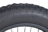 Close-up of the Front Wheel Assembly for the Swagtron EB6 Bandit Fat Tire Electric Bike, showcasing the 20x4.0 knobby tread tire, 16-1/2 rim, and pre-mounted inner tube.