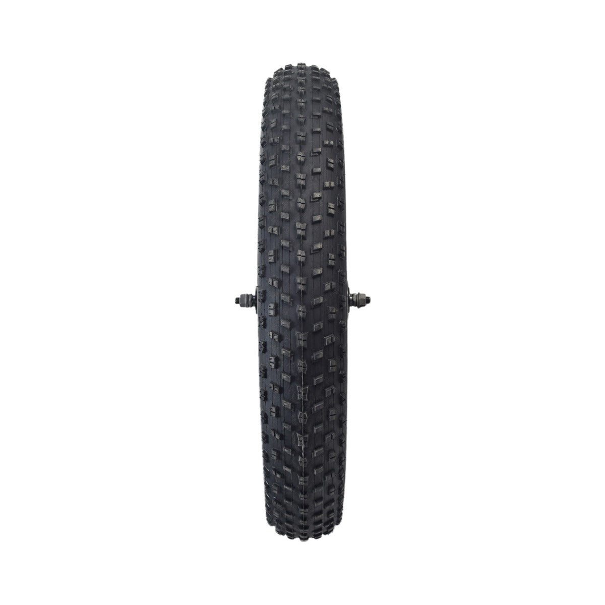 Front Wheel Assembly for the Swagtron EB6 Bandit Fat Tire Electric Bike, featuring a close-up of a black tire with small spikes and directional knobby tread, pre-mounted on a 16-1/2 rim.