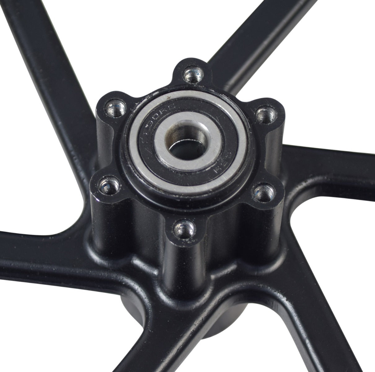 Front Wheel Assembly for the GOTRAX EBE1 Folding Super Sport Bike 16 (Original), showcasing a black metal 6-spoke rim with pre-installed bearings and a 16x2.125 pneumatic tire with directional street tread.