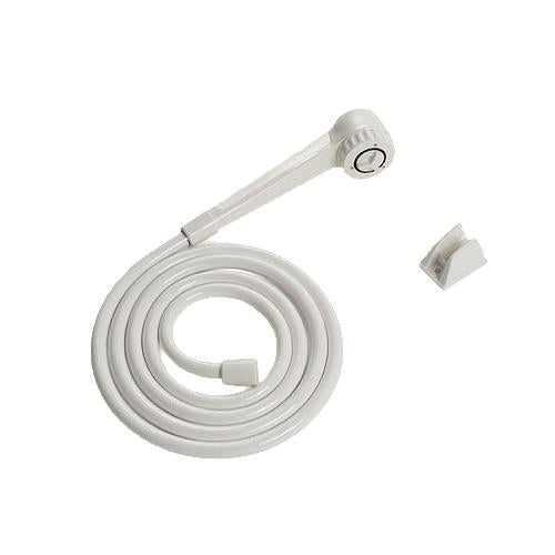 Invacare Hand Shower Kit featuring a white hose with a nozzle, designed for ease of use with an on/off switch and three spray settings. Includes an 84 hose for versatile bathing.