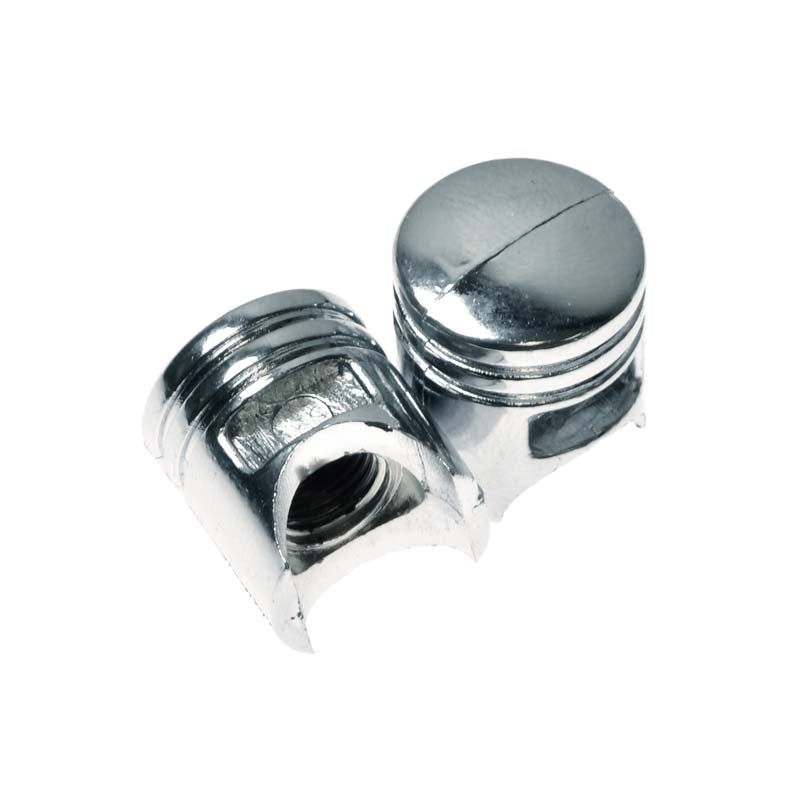 Close-up of a Valve Stem Cap Set for Scooters, Bikes, & ATVs, showcasing two chrome-finished metal caps designed to fit standard Schrader valve stems, enhancing vehicle aesthetics.