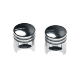 Valve Stem Cap Set for Scooters, Bikes, & ATVs, showing a close-up of two shiny metal cylinders designed to fit standard Schrader valve stems, enhancing your ride's look.