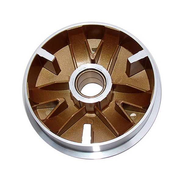 Variator Pulley for the Yamaha 125, a circular metal object with a central hole, designed for enhanced scooter performance with Teflon-coated roller tracks to prevent dirt accumulation.