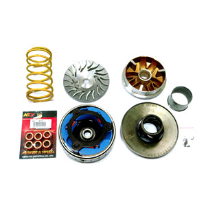 Super Variator Transmission Set featuring various ultralight metal components, including a circular variator, outer drive face, racing clutch, and clutch bell, designed to enhance scooter performance, especially for Genuine Buddy 125/150.