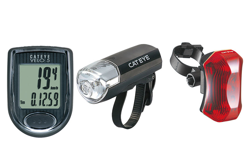 Velo 5 Bike Computer with Headlight & Taillight Combination Pack showing bike light, handlebars, and a close-up of the speedometer with large screen and button, mounted on a bicycle.