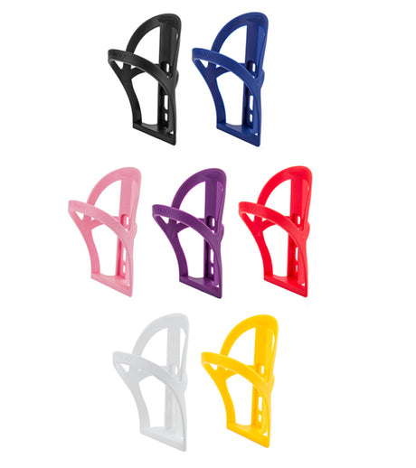 Velocity Polypropylene Bottle Cage displayed in various vibrant colors, showcasing its lightweight and durable design.