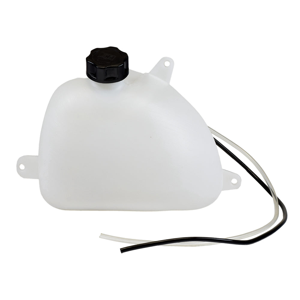 Fuel Tank with Cap & Three Mounting Tabs for Gas Scooters: A white plastic container with a black cap, featuring a rounded oblong shape and three mounting tabs for secure attachment.