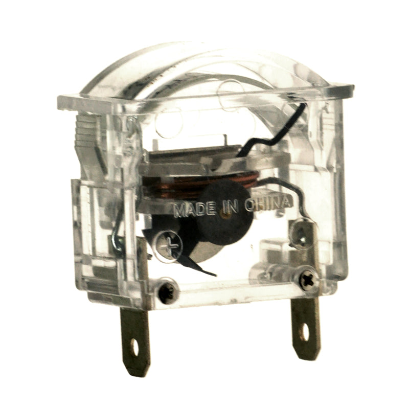 Electronic Ammeter for Pride Mobility Scooters and Power Chairs, featuring a transparent device with a round cap and a black circle, typically mounted vertically on the scooter's tiller or console.