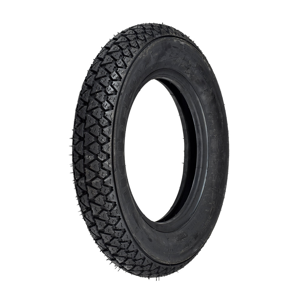 Vespa 3.50-10 Scooter Tire by Michelin with a small tread pattern, designed for retro scooters. Classic Euro-scooter style, made from modern materials, known for durability and longevity.