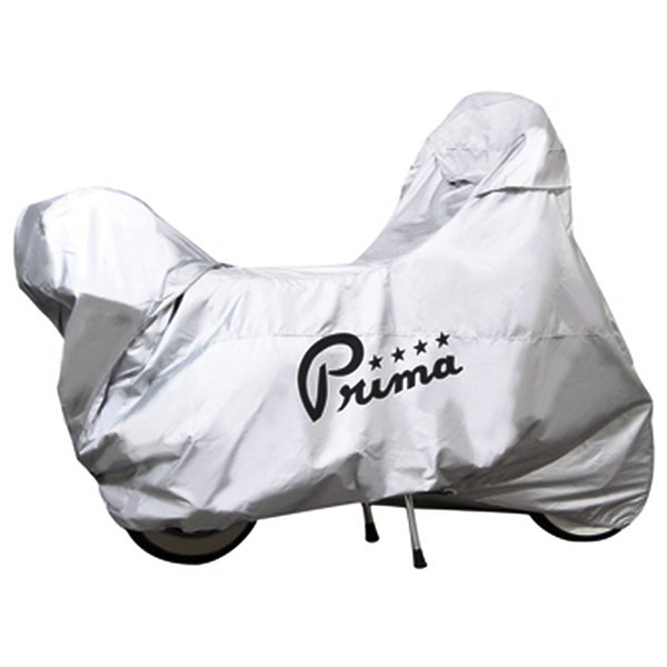 Weatherproof Cover for Vintage Vespa Scooters, shown covering a motorcycle, made by Prima. The silver cover offers high-quality, water-resistant protection and includes a carrying pouch for convenience.