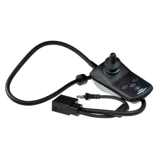 4 Key 50 Amp VSI Joystick Controller with right angle connector, designed for Jazzy 1100, 1101, 1113, 1121, Jet 3, & Jet 10 power chairs; features joystick control, speed adjustment, and drive profile selection.