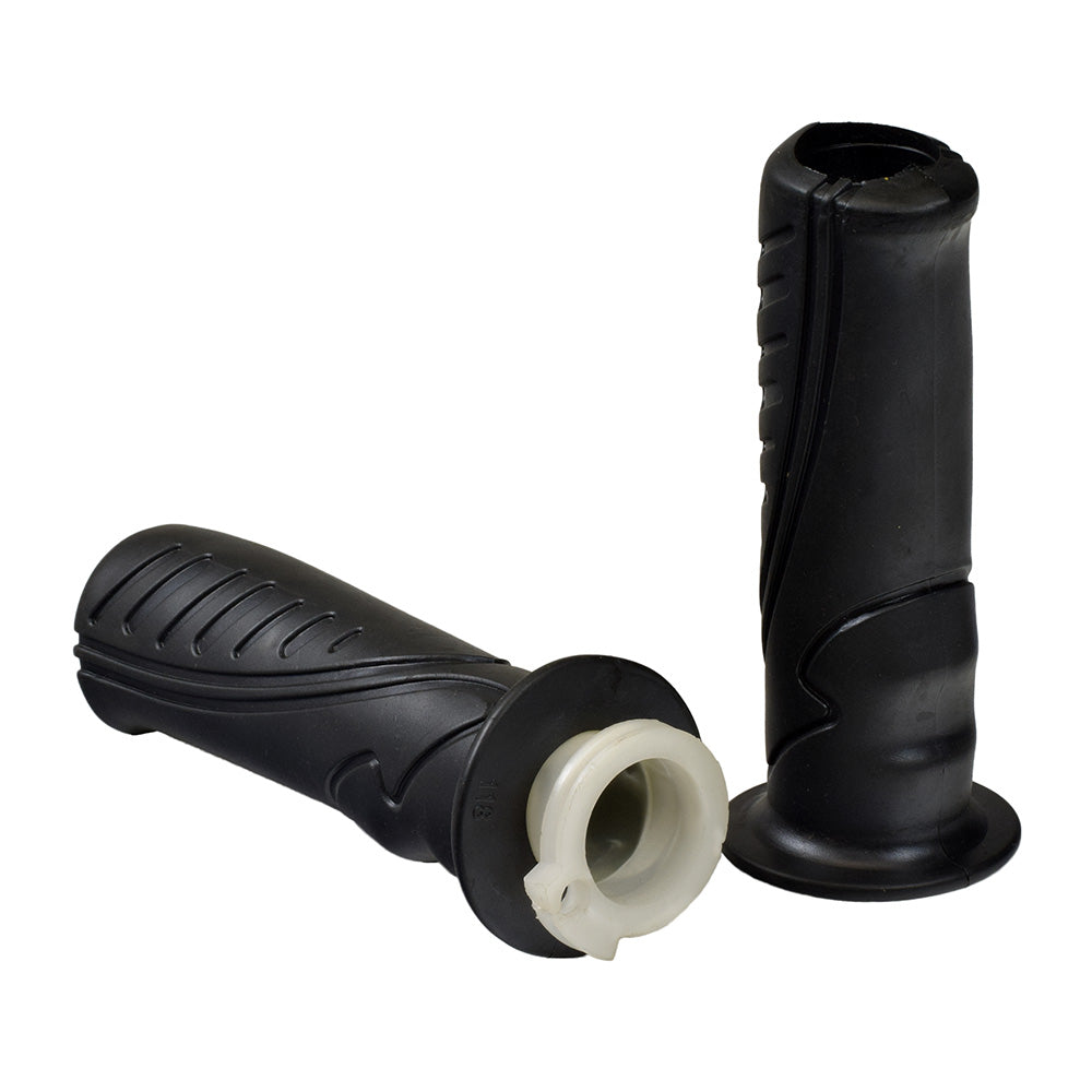 Close-up of VX150 Style Handlebar Grip Set, showcasing the textured ergonomic black grips with white rubber inserts, designed for comfort and compatibility with Monster Scooter Parts handlebars.