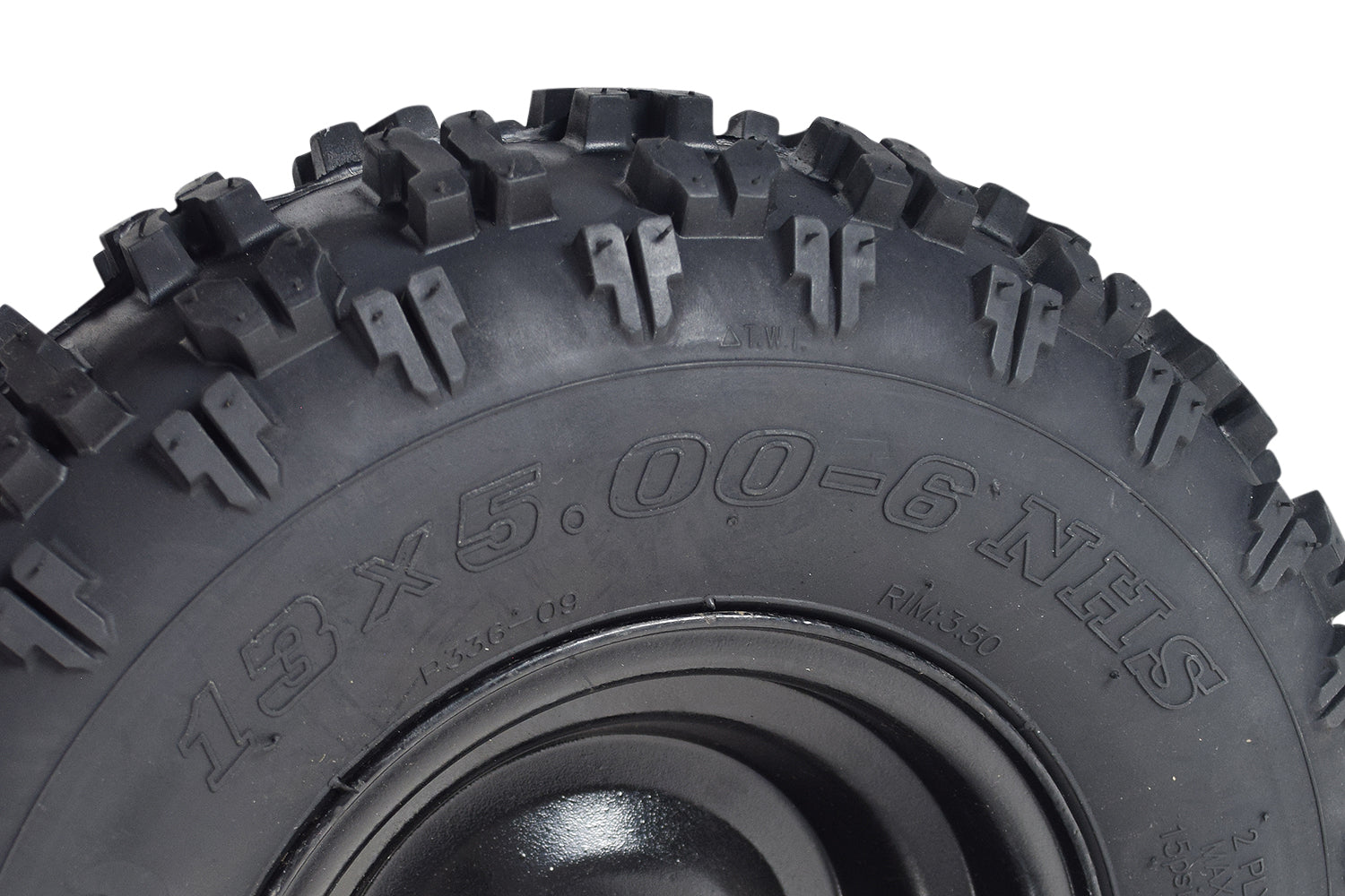 Close-up of the 13x5.00-6 Front Tire and Rim Wheel Assembly for Coleman CK100 & SK100 Go-Karts, showcasing the tire tread, steel rim, and bearings in a single assembly.