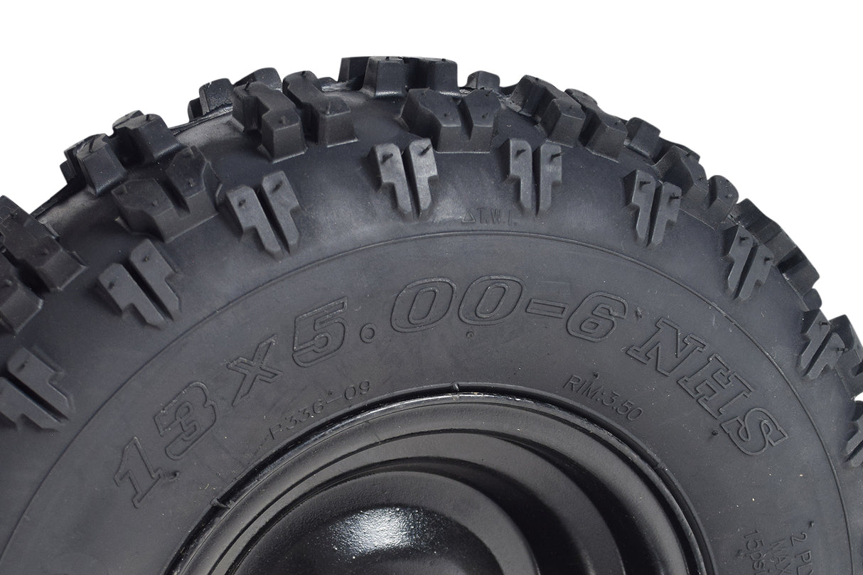 Close-up view of the 13x5.00-6 Front Tire and Rim Wheel Assembly for Coleman CK100 & SK100 Go-Karts, showing detailed tread pattern and sturdy steel rim.