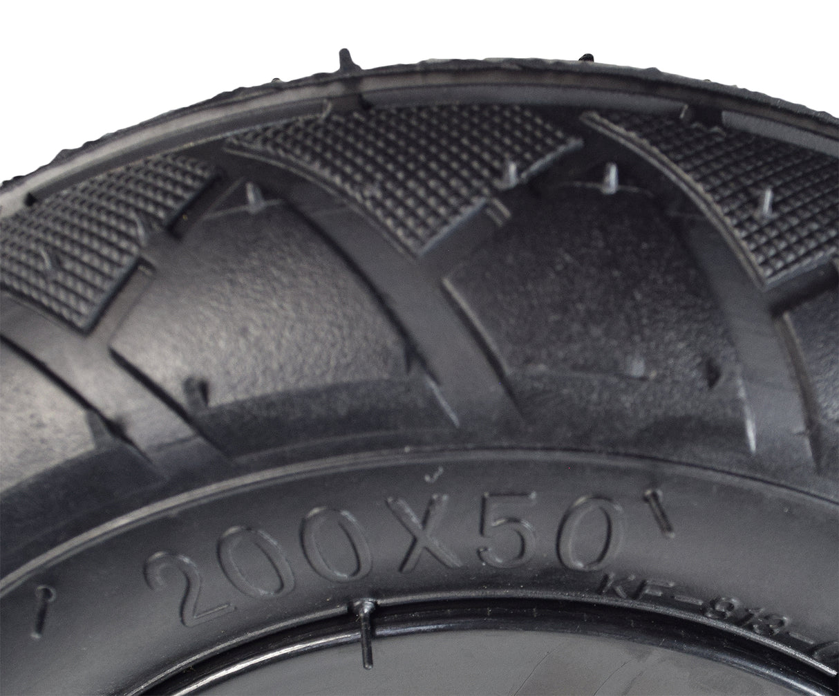 Close-up of a 200x50 (8x2) front wheel assembly for Razor E150 scooter, featuring a tire, black ABS plastic rim, inner tube, axle, and wheel bearings.