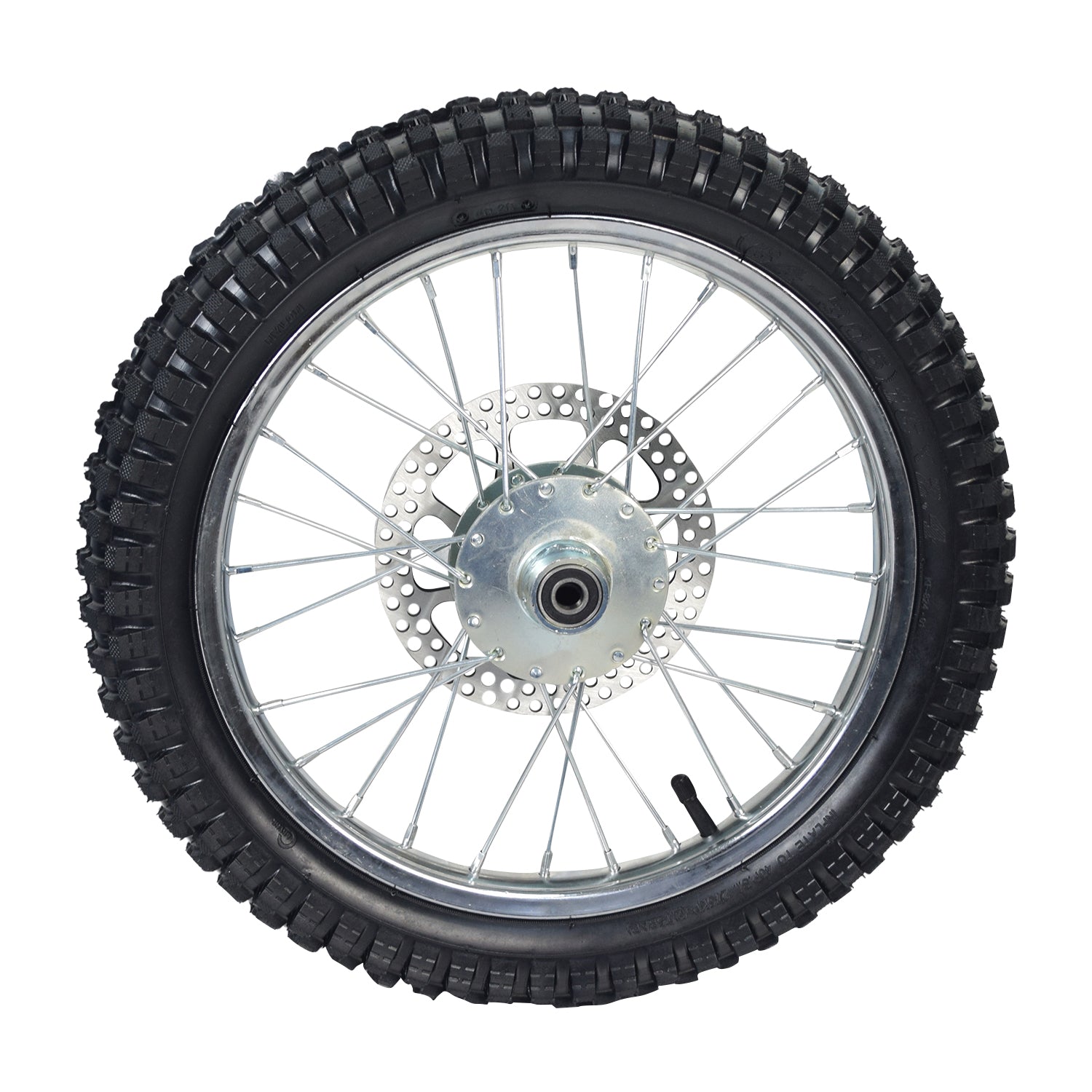 Close-up of the Front Wheel Assembly for Razor MX500 and MX650, featuring a knobby tire, wire spoke wheel, and 160 mm disc brake rotor.