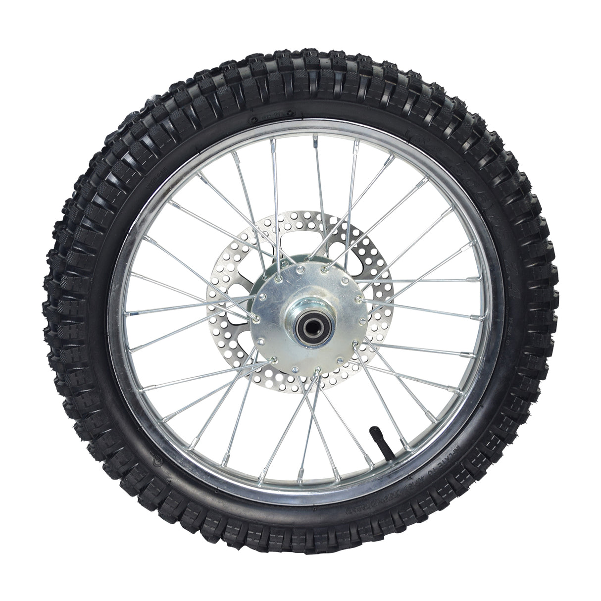 Close-up of the Front Wheel Assembly for Razor MX500 and MX650, featuring a knobby tire, wire spoke wheel, and 160 mm disc brake rotor.