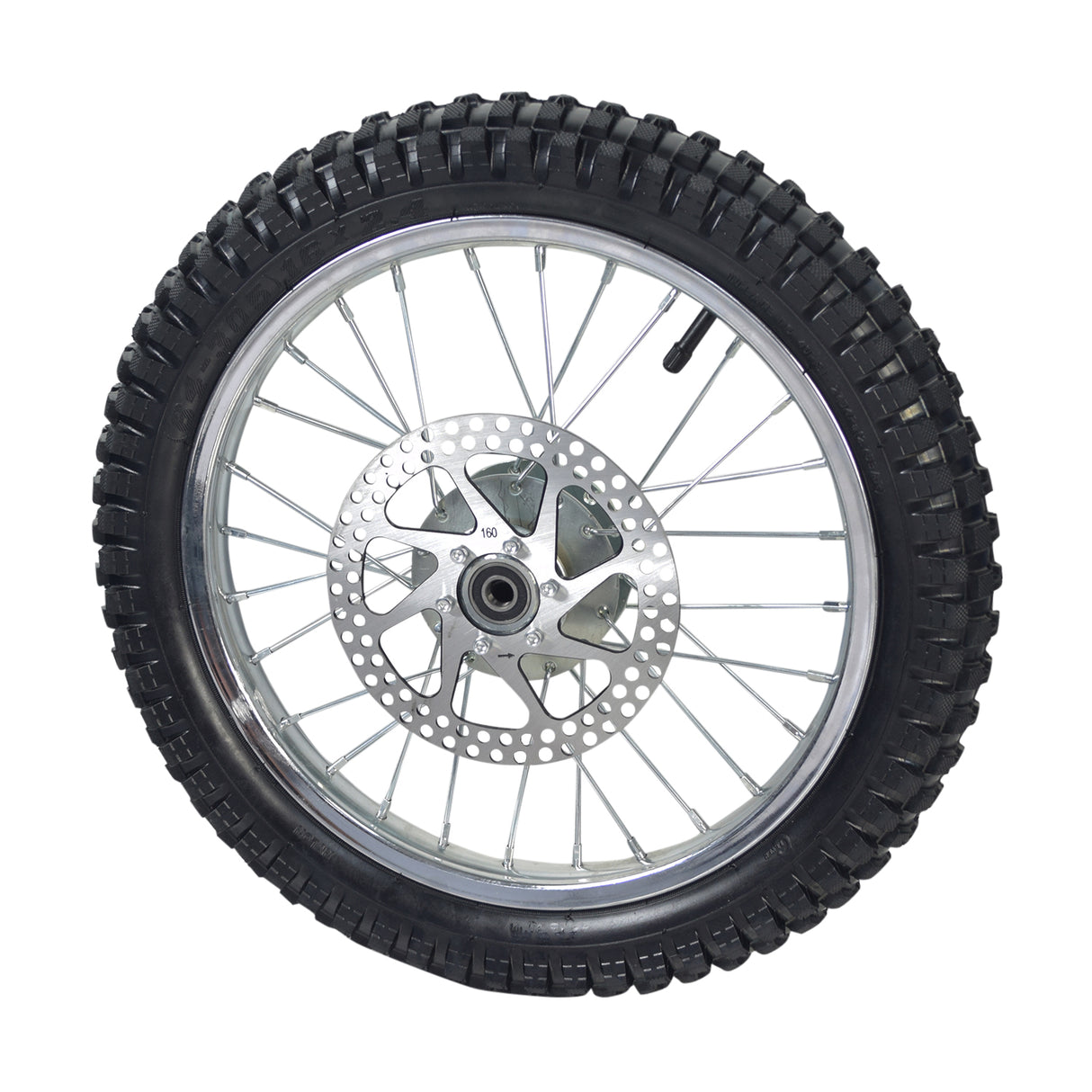 Front Wheel Assembly for Razor MX500 and MX650, featuring a close-up of a knobby tire with wire spokes and a 160 mm disc brake rotor.