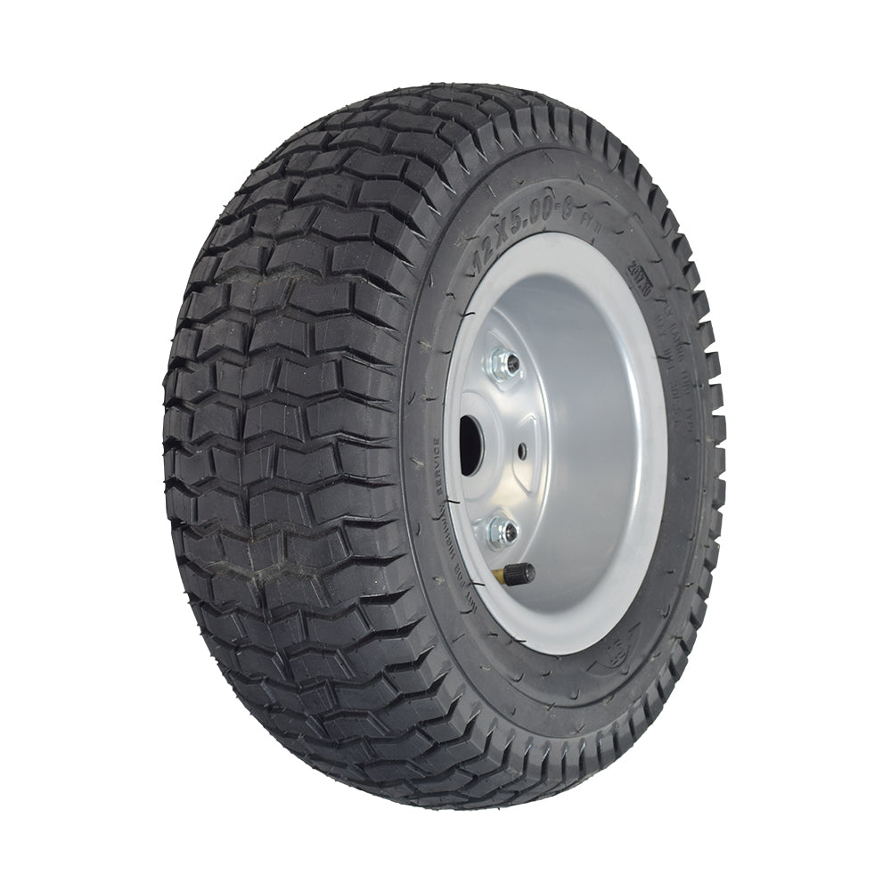 Razor Dirt Quad Rear Wheel Assembly (Version 19+), featuring a 12x5.00-6 tire with a silver rim, pre-assembled and ready to mount. Suitable for Versions 19 and up.