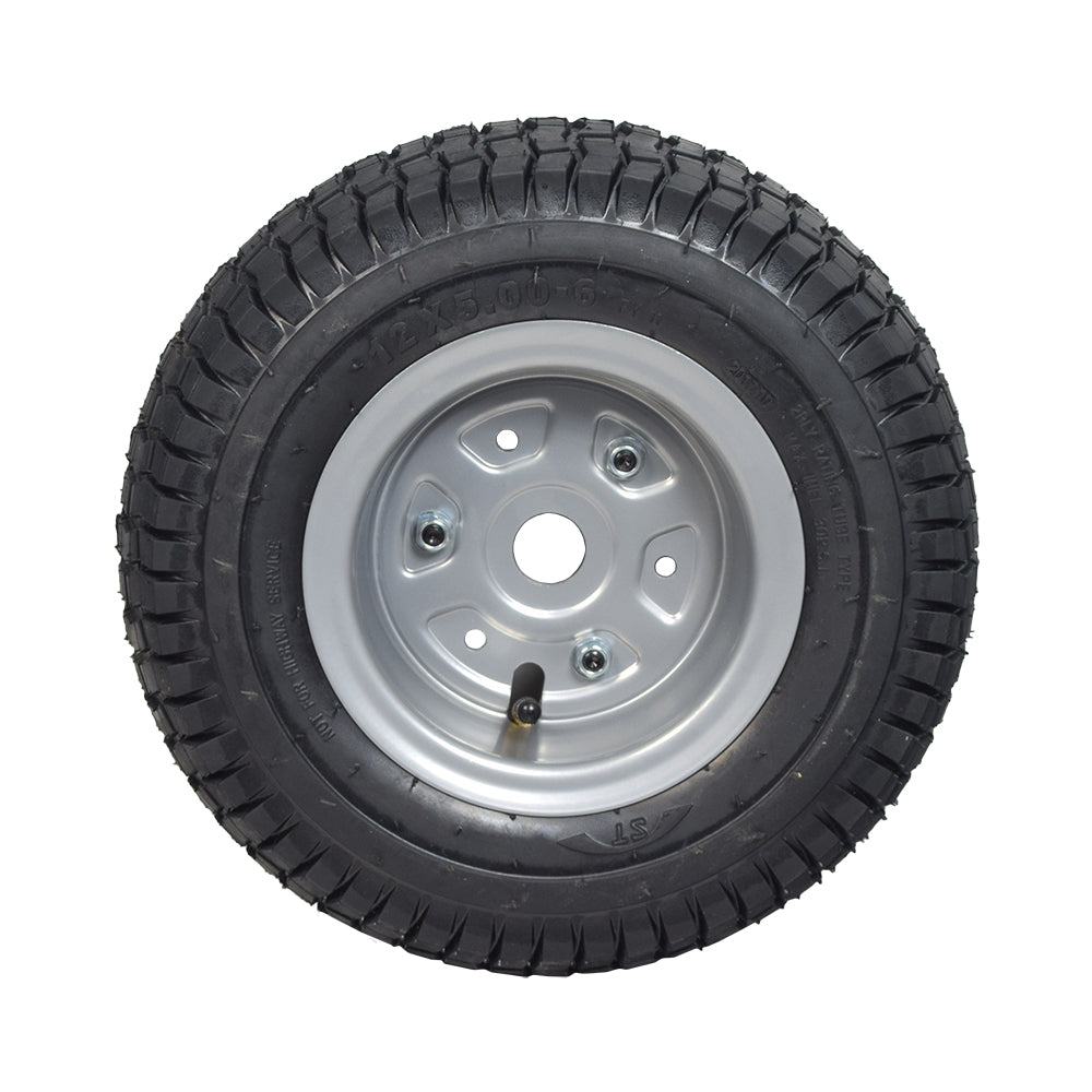 Razor Dirt Quad Rear Wheel Assembly (Version 19+), featuring a 12x5.00-6 tire with a silver rim, pre-assembled and ready to mount.