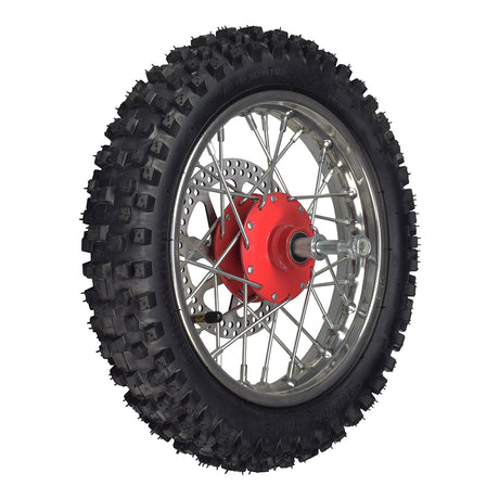 Complete Front Wheel Assembly for the Razor SX500 McGrath Dirt Rocket, featuring a close-up of the tire, rim, spokes, and red hub, showcasing the high-quality construction and design.