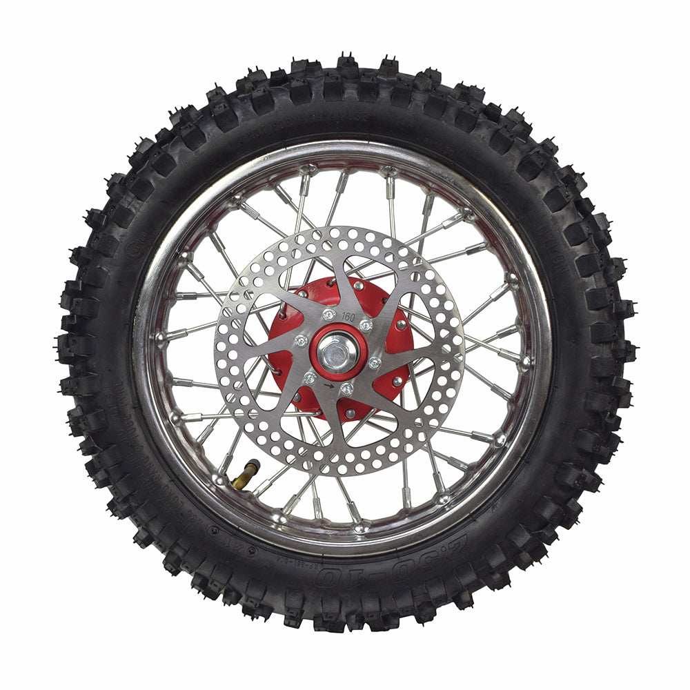 Complete Front Wheel Assembly for the Razor SX500 McGrath Dirt Rocket featuring a tire with a red rim, hub, and brake disc. Suitable for enhancing the Razor SX500 Dirt Rocket's performance.