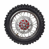 Complete Front Wheel Assembly for the Razor SX500 McGrath Dirt Rocket featuring a tire with a red rim, hub, and brake disc. Suitable for enhancing the Razor SX500 Dirt Rocket's performance.