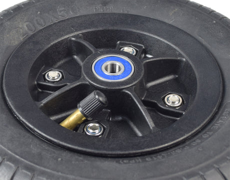 Front Wheel Assembly for Razor E Prime Air & E Prime III Scooters featuring a black rim with a blue center, pneumatic tire, directional tread, and pre-installed bearings.