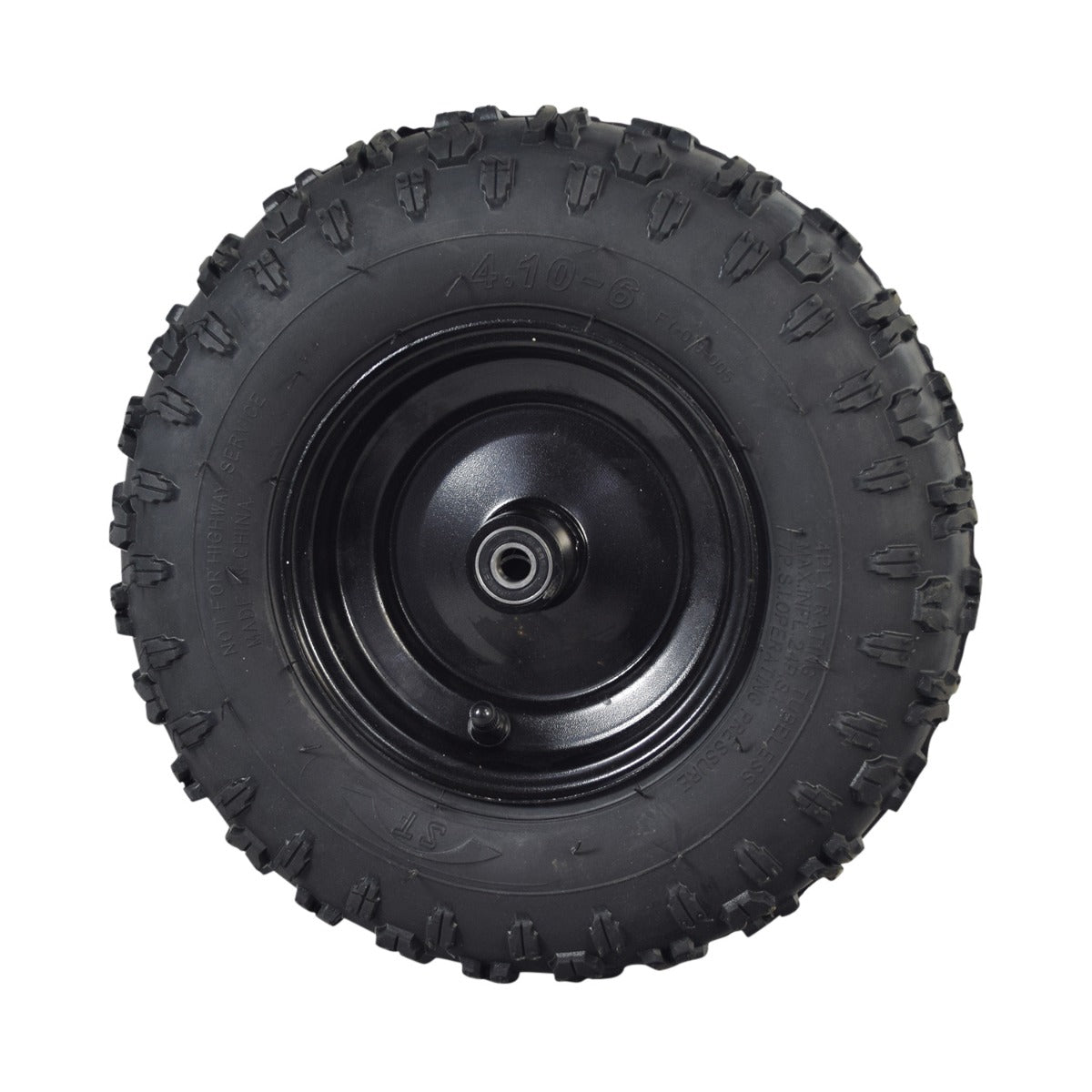 Front Wheel Assembly for the Fit Right DB003 40cc 4-Stroke Mini Bike, featuring a black metal rim and a knobby tread tire, with all necessary hardware included.