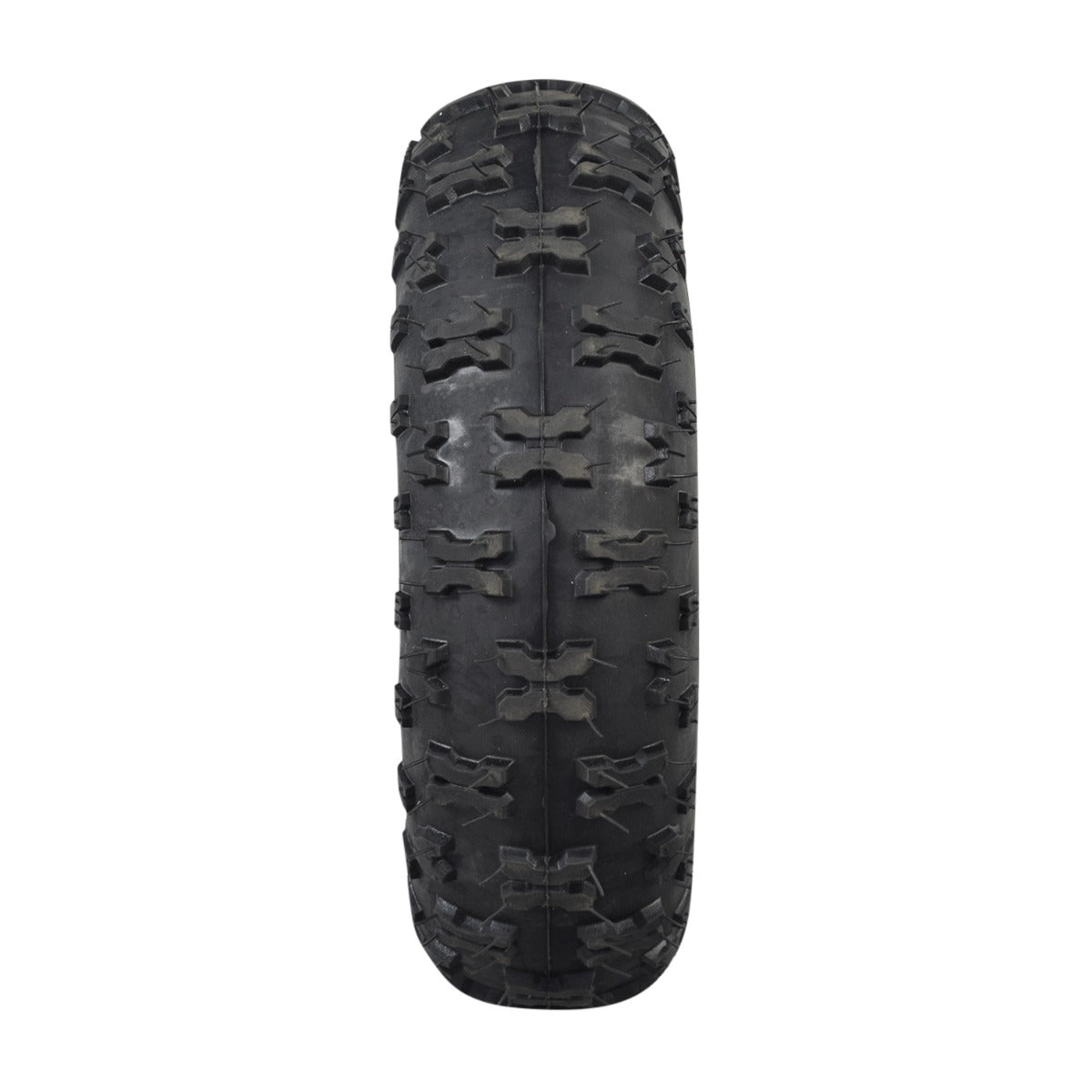 Front Wheel Assembly for the Fit Right DB003 40cc 4-Stroke Mini Bike featuring a close-up of a black knobby tread tire, showcasing the detailed tread pattern and robust construction.