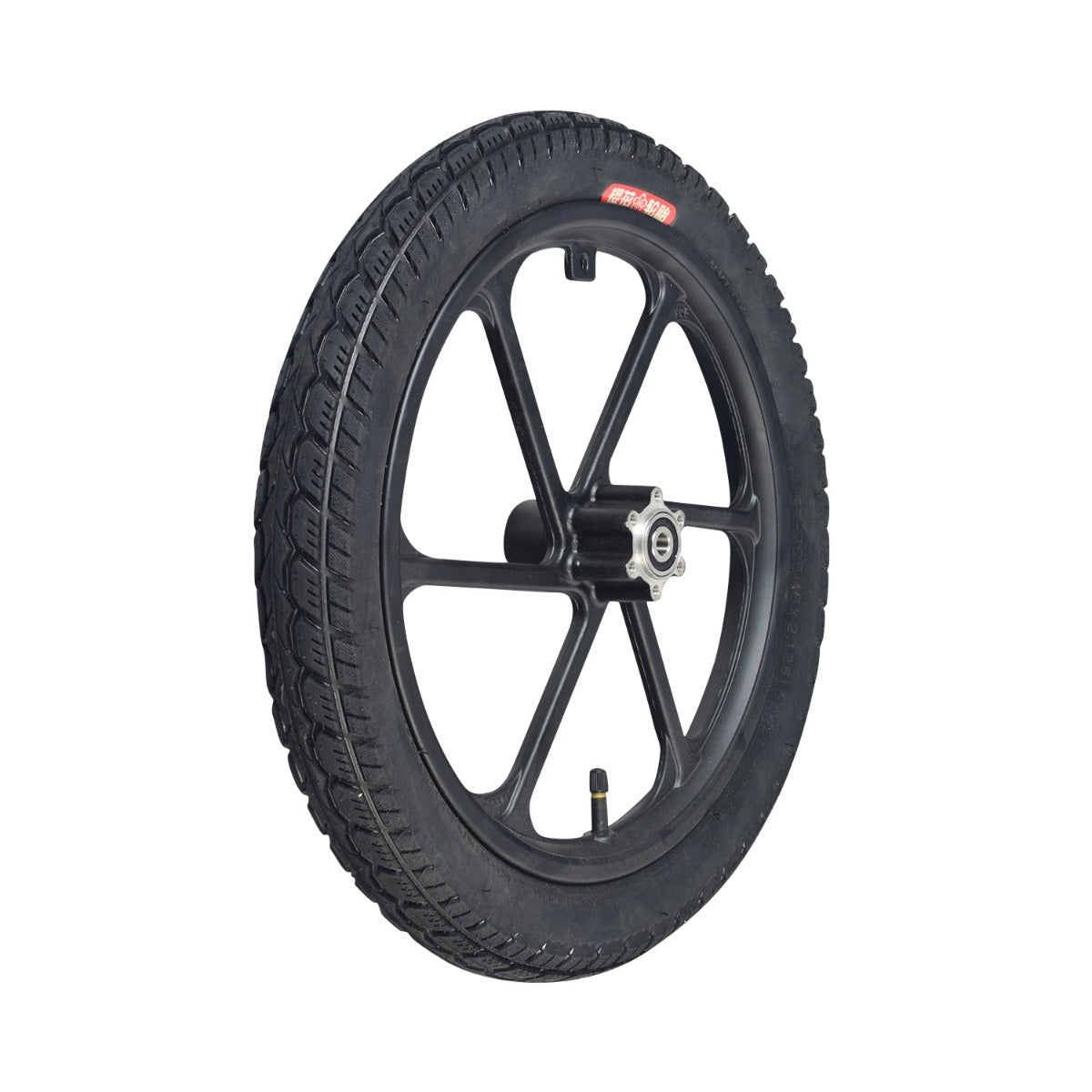 16x2.125 Front Wheel Assembly for the Swagtron EB7 Elite Commuter Electric Bicycle, featuring a 6-spoke rim, 16x2.125 pneumatic tire, inner tube with Schrader valve, and pre-installed 6200RS bearings.