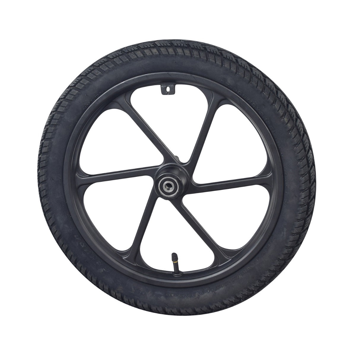 16x2.125 Front Wheel Assembly for the Swagtron EB7 Elite Commuter Electric Bicycle, featuring a 6-spoke rim, a 16x2.125 black pneumatic tire, and pre-installed 6200RS bearings.