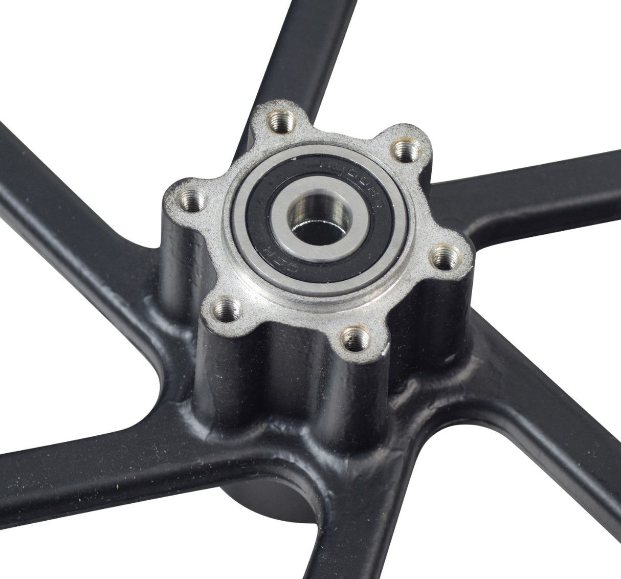 16x2.125 Front Wheel Assembly for Electric Bicycles, showcasing a close-up of the 6-spoke rim, pneumatic tire, inner tube with Schrader valve, and pre-installed 6200RS bearings.