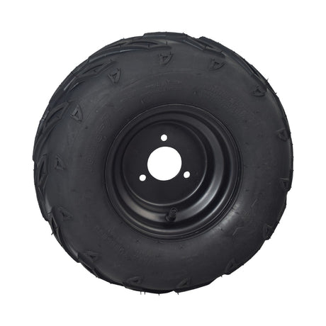 16x8.00-7 wheel assembly for TaoTao ATK125A & GK110 go-karts, featuring a black tire, 7 rim, and three 10 mm mounting bolt holes, designed for offroad use with V-tread pattern.