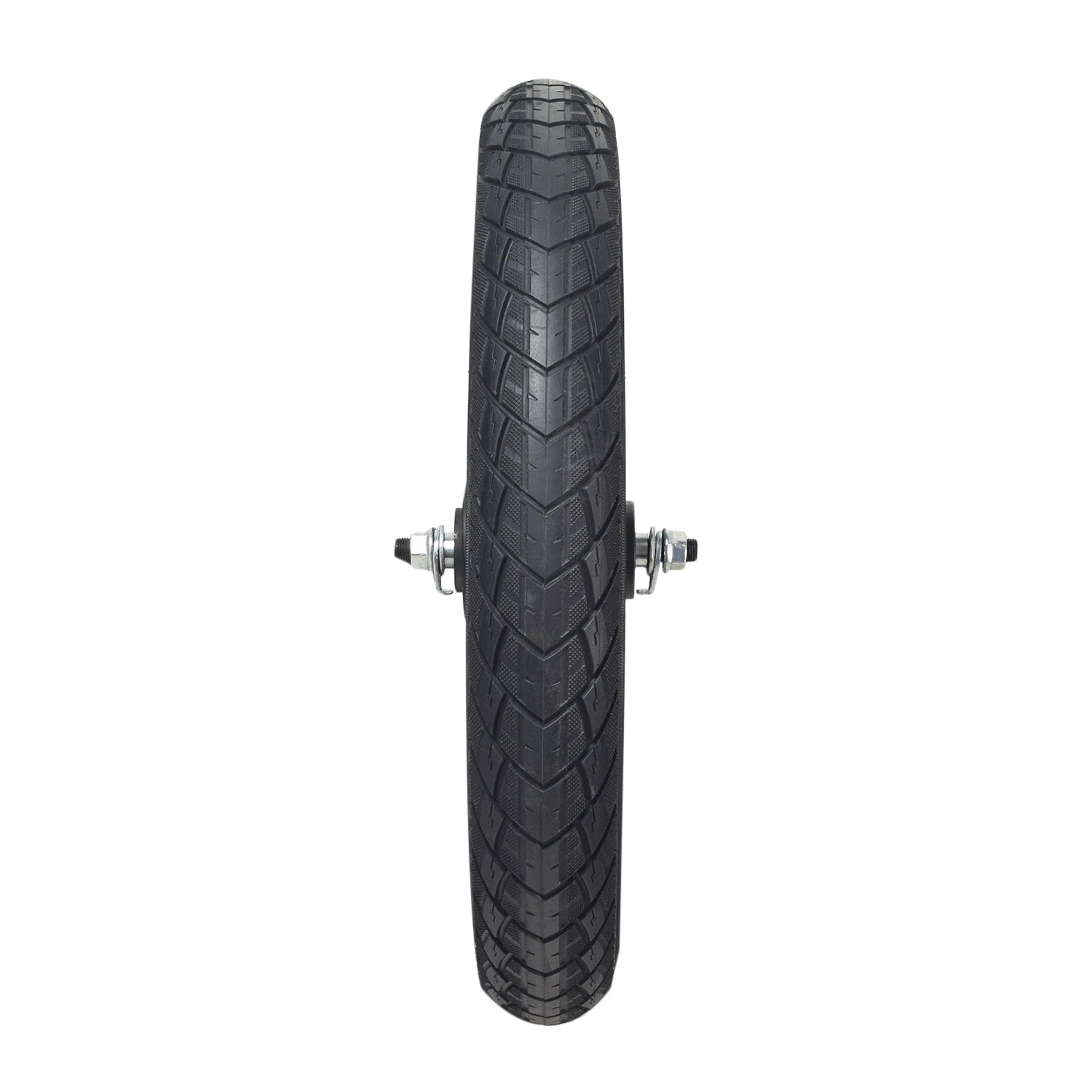 Front Wheel Assembly for the Swagtron EB5 Pro Electric Bike (Blemished), showcasing a black tire with metal studs and visible mounting scratches. Rim, inner tube, and 12-spoke structure are included.