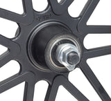 Front Wheel Assembly for the Swagtron EB5 Pro Electric Bike (Blemished) showing close-up of the black rim, 12 spokes, and mounting hub with a nut and bolt visible.