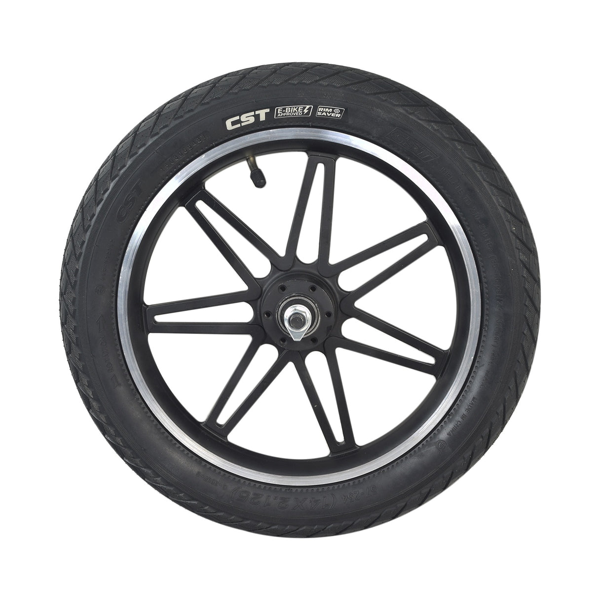 Front Wheel Assembly for the Swagtron EB5 Pro Electric Bike (Blemished), featuring a silver 12-spoke rim, black tire, and visible scratches around the mounting hub. Axle and hardware not included.